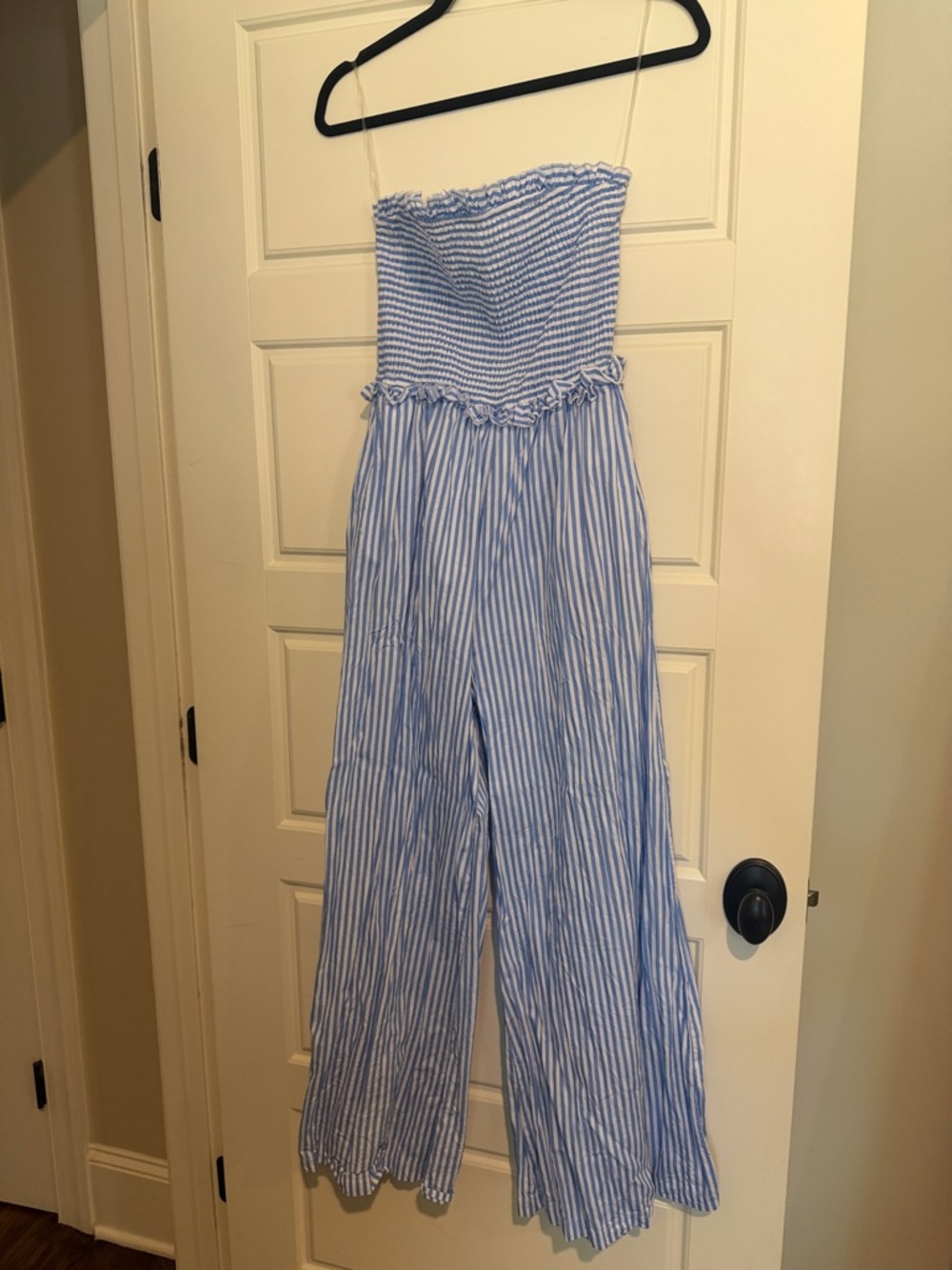 Petal & Pup Blue and White Striped Strapless Jumpsuit